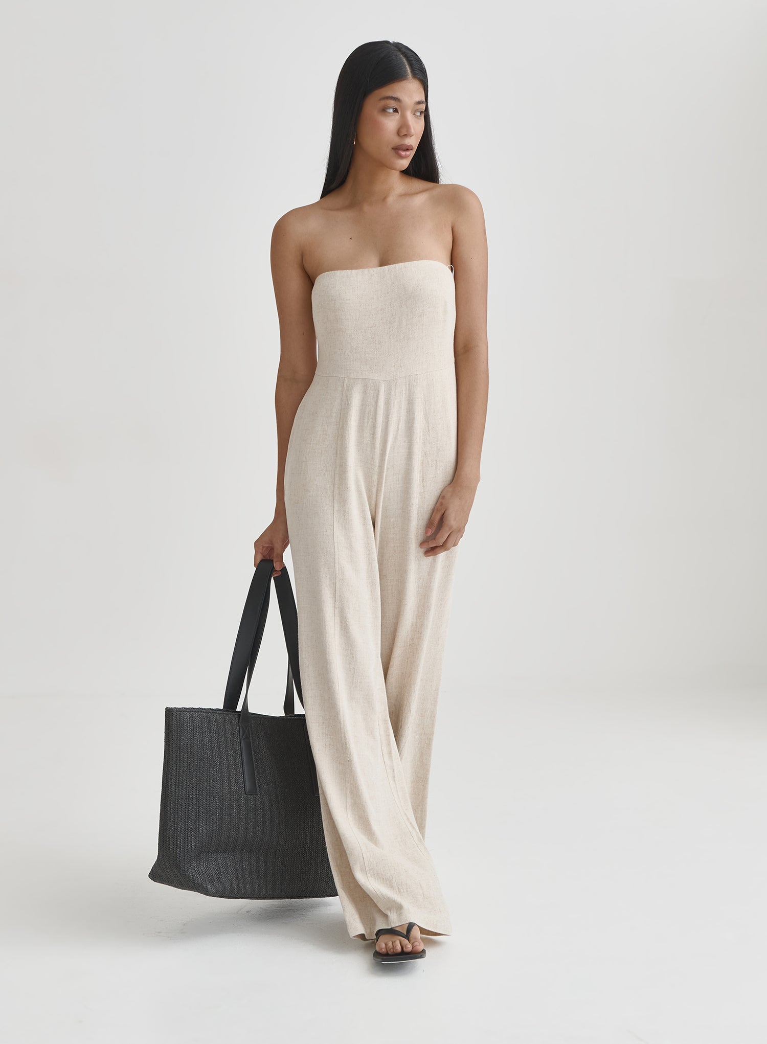 Beige Linen Bandeau Jumpsuit